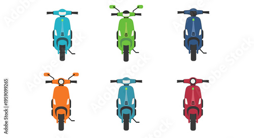A set of 2D flat-style icons featuring modern electric or gas scooters in various colors (blue, green, orange, red). Perfect for delivery service apps, city transport explainers, and travel marketing.