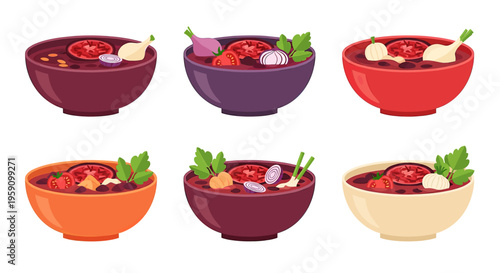 A vibrant set of 2D flat-style icons featuring bowls of red vegetable soup (like gazpacho or borscht) garnished with fresh herbs and onions. Perfect for recipe apps, restaurant menus, and healthy eati