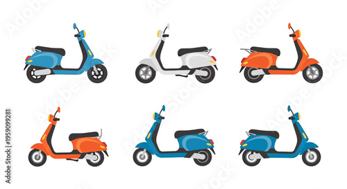 A set of 2D flat-style icons featuring modern electric or gas scooters in various colors (blue, green, orange, red). Perfect for delivery service apps, city transport explainers, and travel marketing.