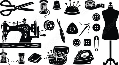Sewing and tailor equipment black icons collection