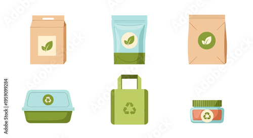 A collection of 2D flat-style icons representing various types of food packaging, including paper bags, takeaway boxes, and containers. Ideal for food delivery apps, catering services, and sustainable