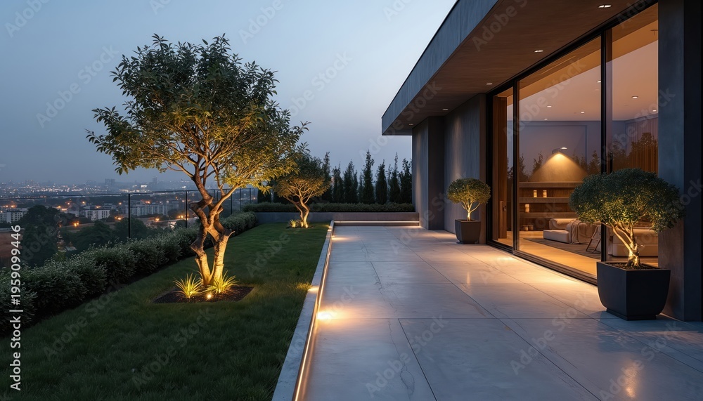 Obraz premium Minimalist rooftop terrace with trees and potted plants. Modern exterior with concrete path and ambient lighting overlooks city skyline at dusk. Luxury living space with large glass windows.