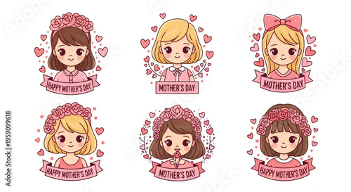 Adorable cartoon girls celebrate Mother's Day with flowers and hearts around them smiling