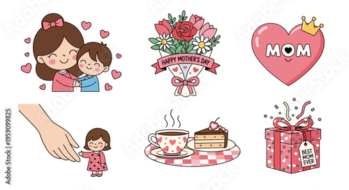 Mother's Day illustrations with heartwarming moments and gifts for mom