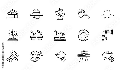 A set of minimalist line art gardening icons and illustrations