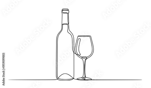 wine bottle and glass One Line Wine Bottle and Glass Continuous Line Art Vector