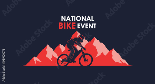 Extreme Mountain Biker Silhouette Against Red Peaks National Bike Event Graphic