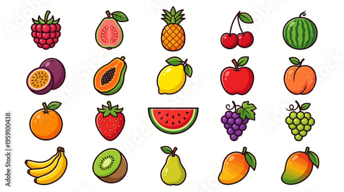 Colorful Cartoon Fruit Vector Icon Pack – Citrus, Tropical, Exotic Fruits Illustrations – Watermelon, Mango, Durian, Grapes, Strawberry, Apple, Banana, Peach, Lemon Vector