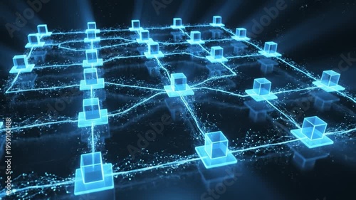 Futuristic network technology digital grid with glowing blue cubes, data connection, blockchain integration, abstract cyber communication, virtual 3D innovation, seamless modern infrastructure