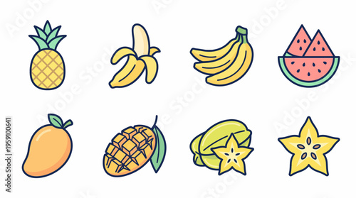 Colorful Cartoon Fruit Vector Icon Pack – Citrus, Tropical, Exotic Fruits Illustrations – Watermelon, Mango, Durian, Grapes, Strawberry, Apple, Banana, Peach, Lemon Vector