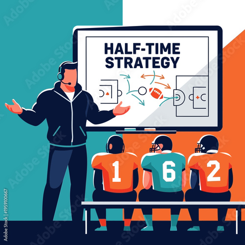 Football Coach Explaining Strategy to Players During Halftime, Game Planning Illustration
