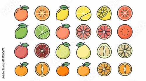 Colorful Cartoon Fruit Vector Icon Pack – Citrus, Tropical, Exotic Fruits Illustrations – Watermelon, Mango, Durian, Grapes, Strawberry, Apple, Banana, Peach, Lemon Vector