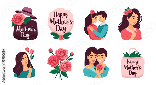 Mother's Day stickers featuring roses, couples, and loving moments with flowers and greetings