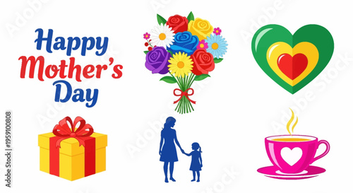 Colorful Happy Mother's Day Greeting Card with Flowers and Heart Symbols