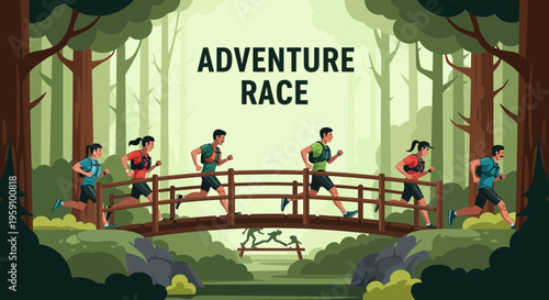 Forest Trail Endurance Race Depicted In A Vibrant And Dynamic Illustration
