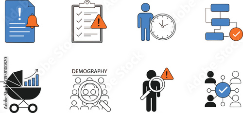 Business Process and User Management Icon Set Featuring Notification Checklist Time Flowchart Demography Analysis and Verification Symbols Vector Illustration Collection
