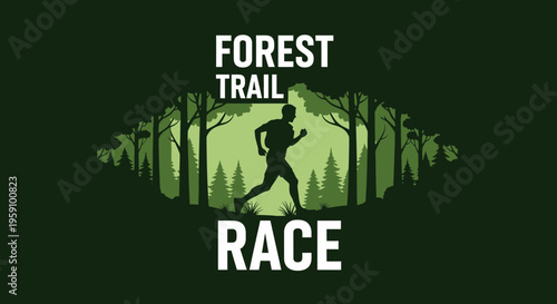 Forest Trail Race Silhouette Amidst Forest Trees Symbolizes Fitness And Outdoor Recreation