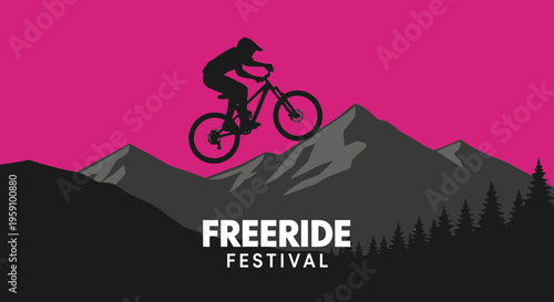 Freeride Festival Poster Featuring Mountain Biking Silhouette on Pink Background