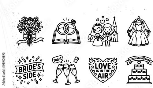 Bridal party vector collage featuring wedding icons and bride side energy theme