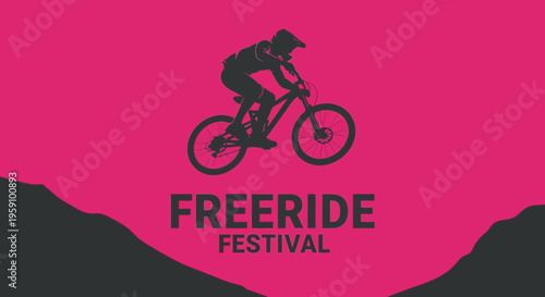 Freeride Festival Poster Featuring Silhouette Cyclist Riding Mountain Bike On Pink Background