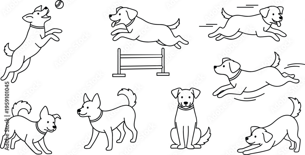 Fototapeta premium Dog outline set with different actions including running jumping playing and sitting, minimal line vector illustration collection of active pets