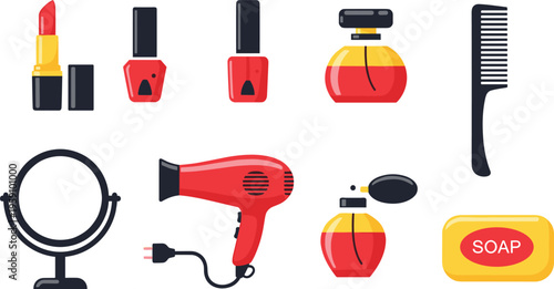 Beauty and Personal Care Icon Set Featuring Lipstick Nail Polish Perfume Hair Dryer Mirror Comb and Soap Vector Illustration Collection