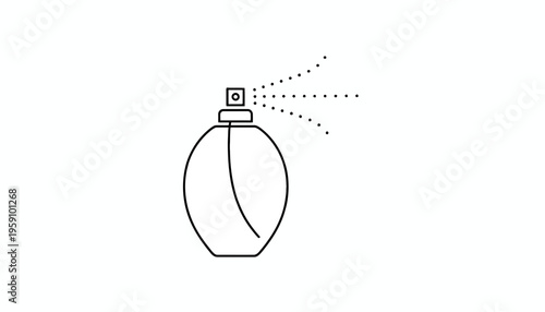 Perfume bottle spraying fragrance mist, minimalist line art icon