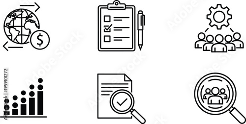 Business Analytics and Management Line Icon Set Featuring Global Finance Checklist Team Growth Document Verification and Customer Search Vector Illustration Collection