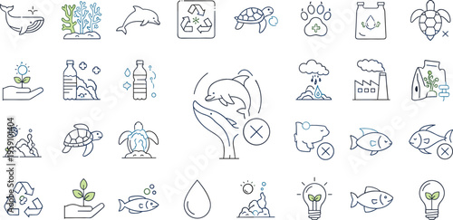 Environmental protection icon set with ocean animals recycling pollution and sustainability symbols, minimal line vector illustration of eco friendly concepts and conservation themes