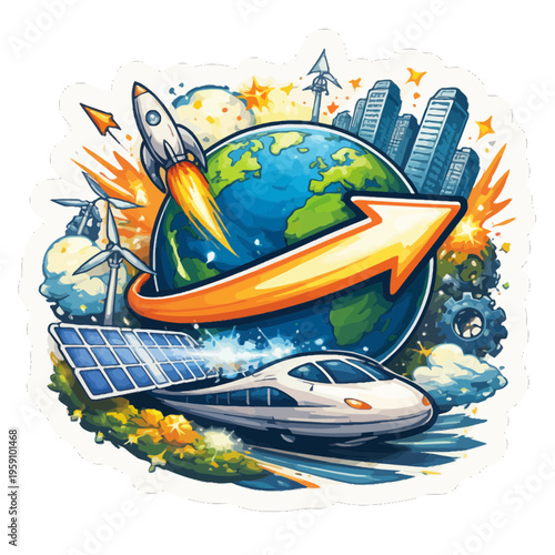 Global Forward Motion Symbol Representing Worldwide Progress and Collective Advancement | Progress Sticker Illustrating Unified Movement Toward a Better Future | Minimalist Global Momentum Icon 