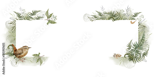 Φωτογραφία Watercolor forest frame with wren bird, fern leaves and botanical elements, wood