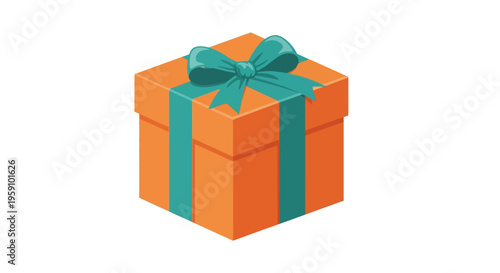 Orange gift box with a teal ribbon and bow on top tightly wrapped