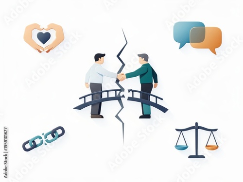 Hands shaking across a symbolic divide representing conflict resolution and collaboration in relationships and communication, highlighting connection and understanding