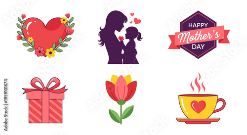 Mother's Day icons including heart, gift, flower, and happy mother and child illustrations