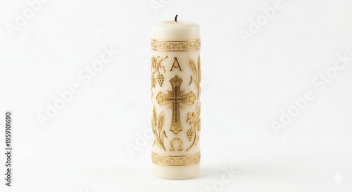 Decorative white Paschal candle with gold relief grapevine wheat Alpha and Omega isolated on white background