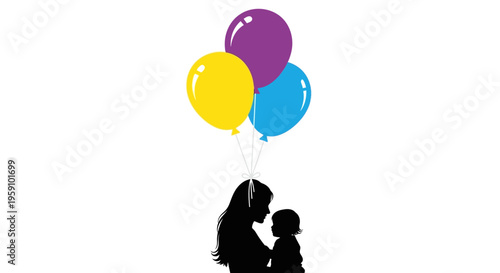 Mother and child sharing a tender moment with colorful balloons floating above them