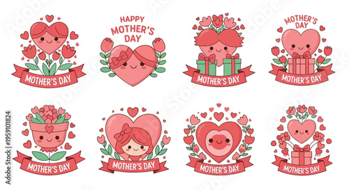 Mother's Day stickers with hearts flowers and gifts