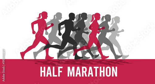 Group Of Runners Silhouettes Participating In The Half Marathon Race Competition Illustration