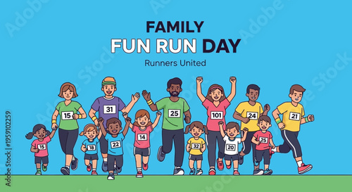 Happy Family Fun Run Day Cartoon Style