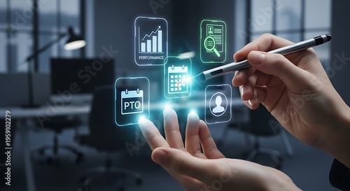 Female hands interacting with glowing holographic human resources and employee benefits icons, representing modern workforce management and performance tracking in an office setting.