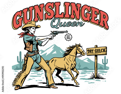 Gunslinger queen cowgirl with revolver and horse in desert, vintage wild west mascot vector illustration for t-shirt design