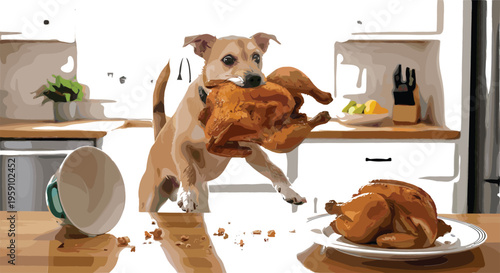 Funny dog stealing roasted chicken from kitchen table, humorous vector illustration of naughty pet with food in home interior scene