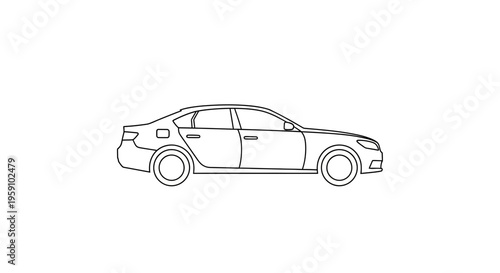 Modern Sedan Car Outline, Side View, Black and White Line Art Illustration