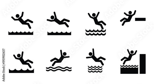 Black stick figures depict various jumping and falling poses into water