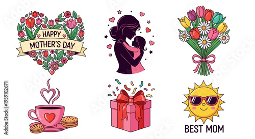 Mother's Day stickers with flowers, gifts, and happy mom illustrations