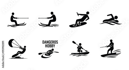 Black silhouettes depicting various water sports and recreational activities