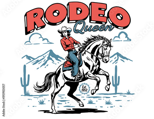 Vintage Rodeo Queen cowgirl riding horse in desert landscape, retro wild west graphic illustration for t-shirt design and posters