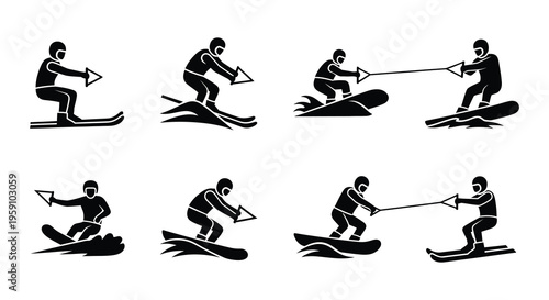 Black silhouettes depicting various water sports and recreational activities
