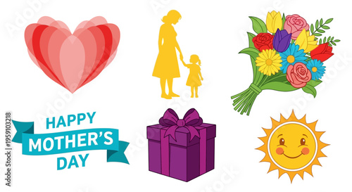 Mother's Day celebration graphics with heart flowers and gift