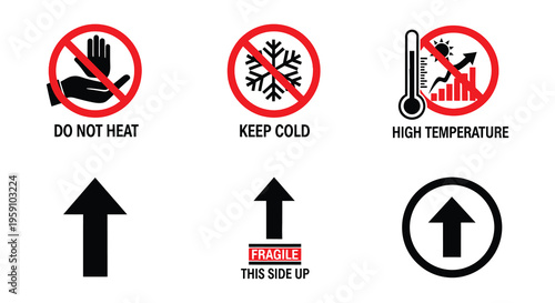 Warning labels depicting handling restrictions and proper package orientation